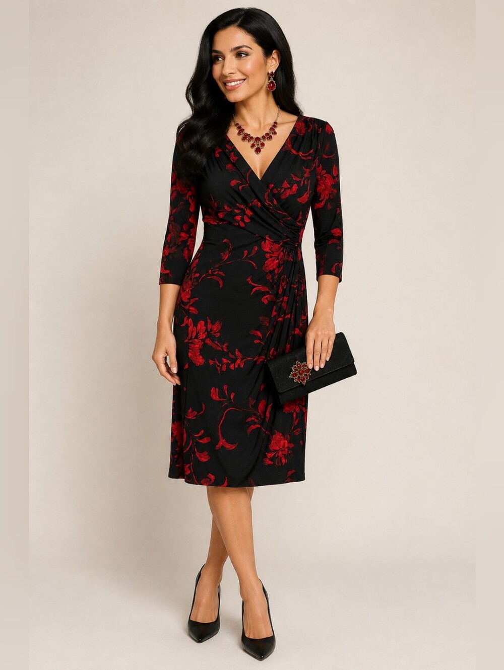 Lauren Ralph Lauren Black Red Midi Wrap Dress Size 10